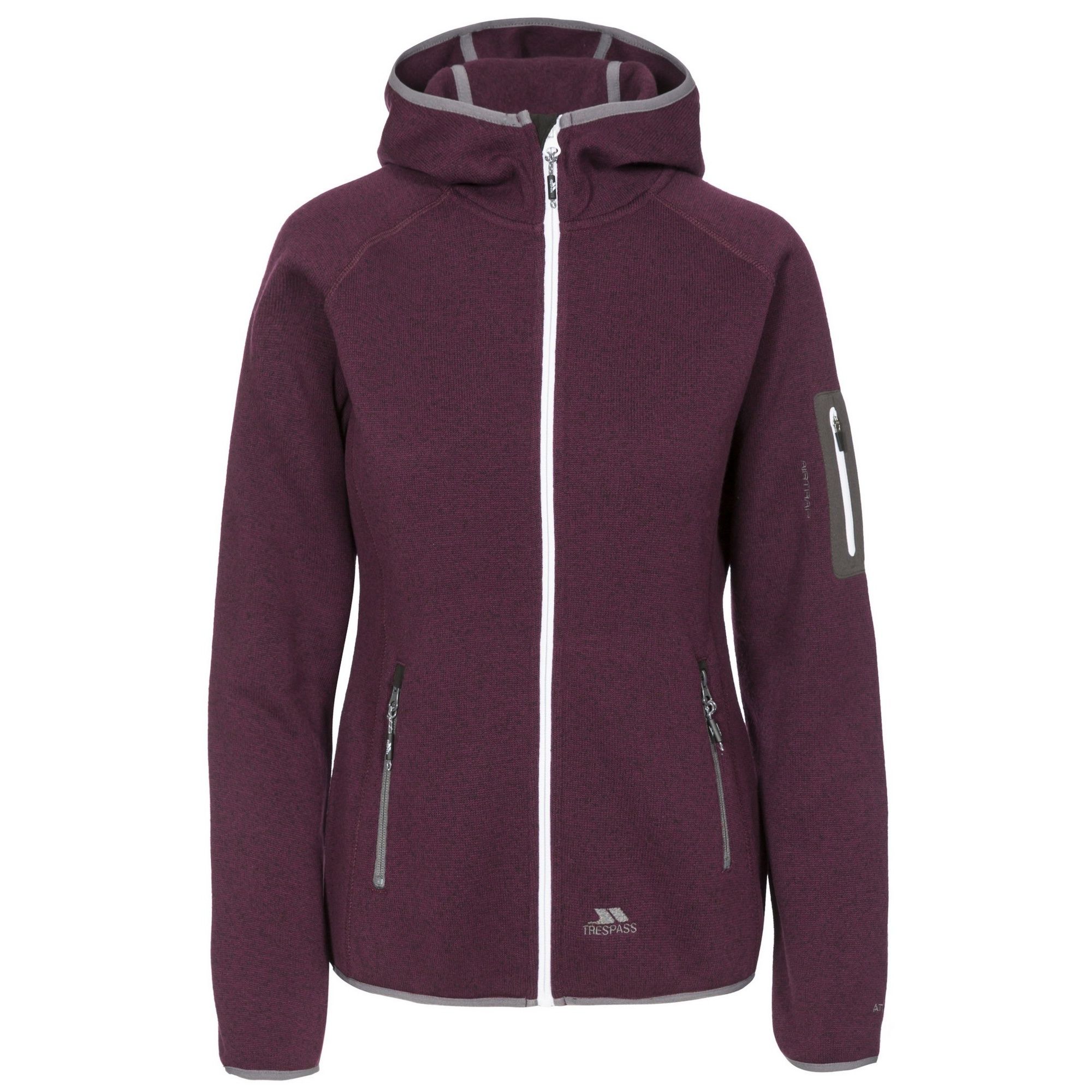 Womens hooded fleece made from AirTrap material. Grown on hood. Contrast low profile zips. Stretch guard. 2 x contrast zip pockets. 1 x sleeve zip pocket with stretch fabric. Contrast stretch binding. Ideal for wearing outside on a cold day. 100% Polyester.
