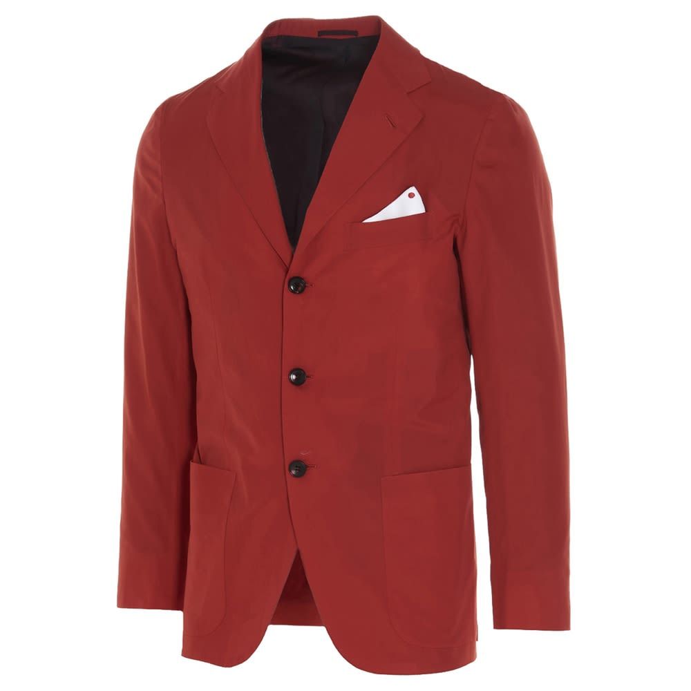 Kiton deconstructed cotton single-breasted blazer, Drop 8, mirrored lapels and unlined patch pocket.