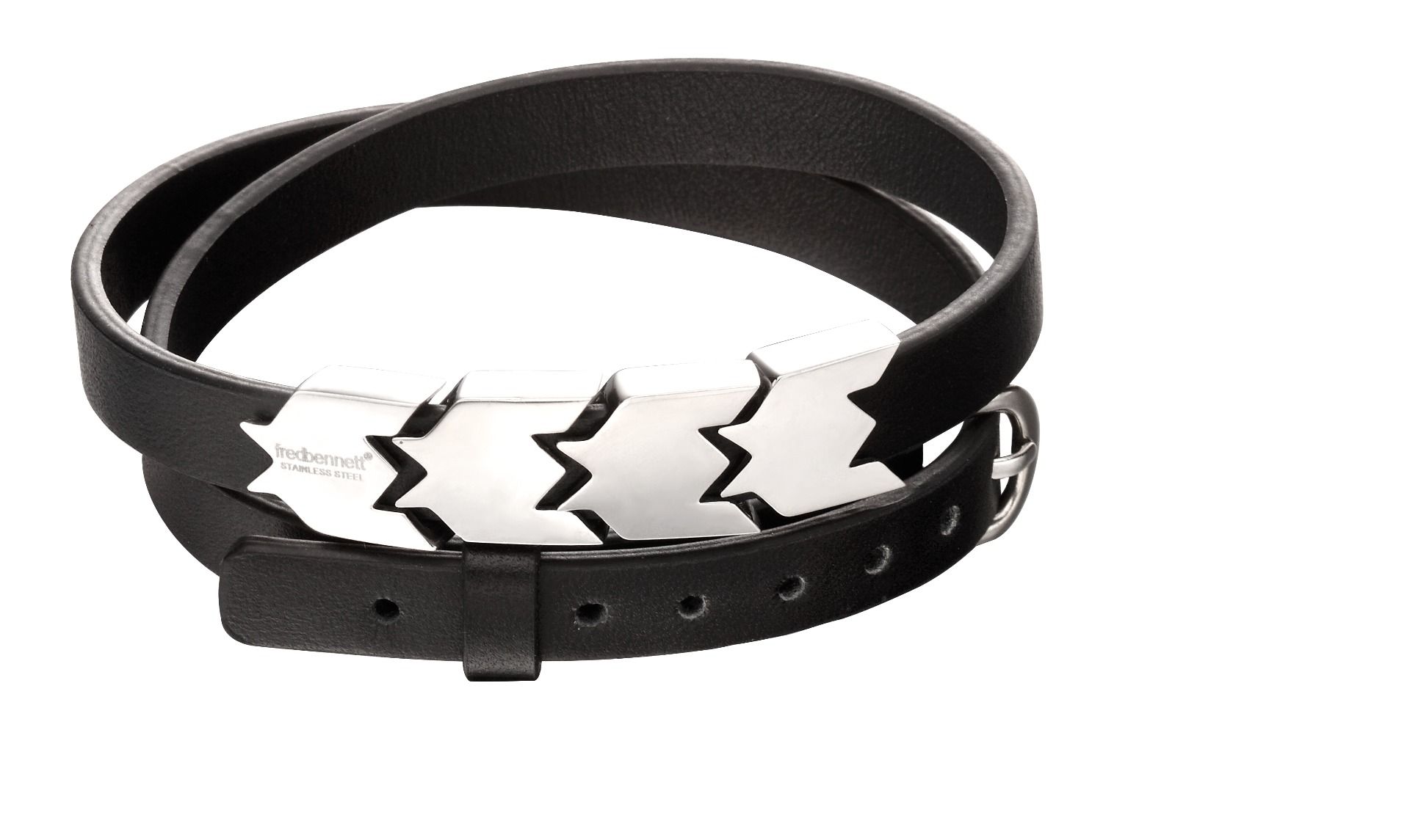 fredbennett fb Mens Stainless Steel Sliding Bead & Black Leather Wrapping Bracelet with Buckle Clasp Length 35cmDesign: Add an edgy look to your outfit with this sliding steel bead wrap around bracelet. Worn as a double bracelet effect with a fun buckle clasp, this eye catching bracelet would make a great addition to many outfits.Composition: Made from stainless steel with a modern polished finish and real leather.Dimensions: Charms height 14mm, Width of charms 11mm, width of leather 8mm, Depth 5mm, Item weight 20gFitting: This bracelet is 45cm in total length and fastens with a secure buckle clasp.Packaging: Comes complete with a branded presentation suede gift pouch - perfect for storing the item and ideal for gifting.