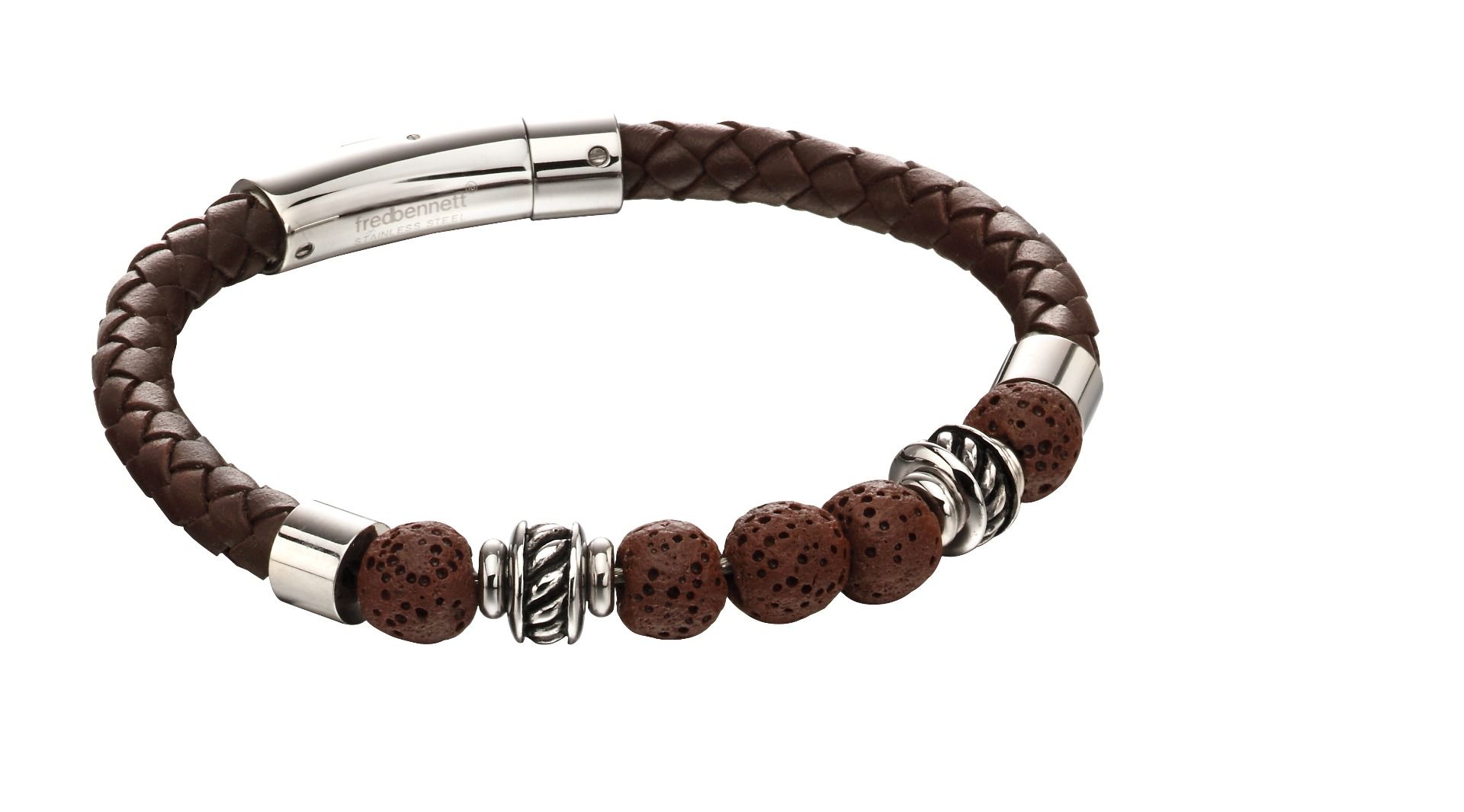 Contemporary half leather half bead design braceletContemporary half leather half bead design bracelet21.5cm lengthFeatures 5 synthetic lava stonesBlack version availableComes Complete with Branded Packaging