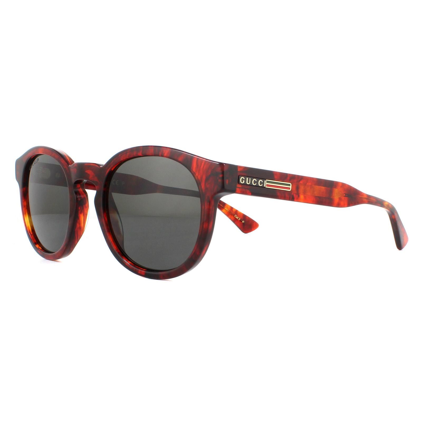 Gucci Sunglasses GG0825S 005 Havana Grey Polarized are a simple round style crafted from lightweight acetate. They feature a keyhole bridge and thin temple tips for a comfortable fit. To finish the look the Gucci brand features on the  temples for authenticity.