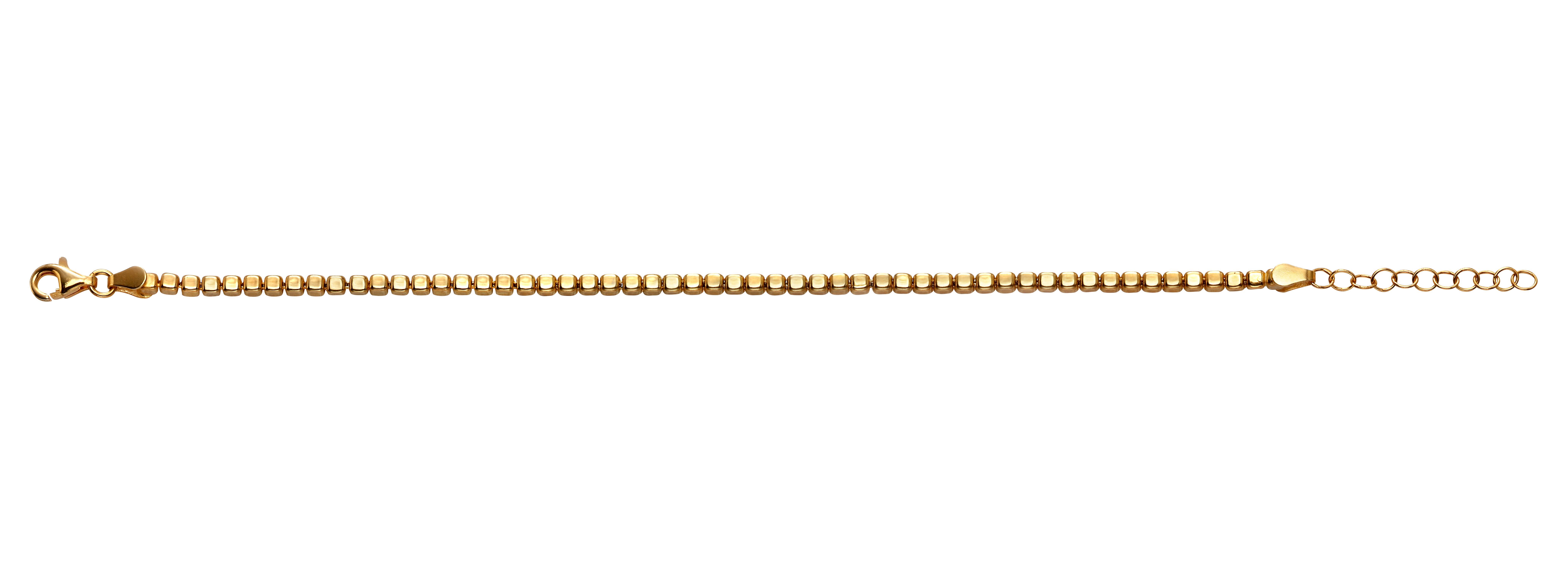Yellow Gold plate Cube Bracelet<li>Modern gold cube link design bracelet<li>Bracelet length 17cm with a 3cm extender<li>Lobster clasp<li>Crafted from genuine gold plated sterling silver<li>Comes Complete with Branded Packaging