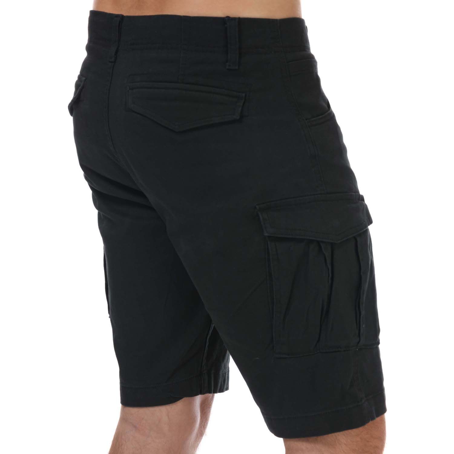 Mens Jack Jones Basic Cargo Shorts in black.- Zip fly with button fastening.- Pockets to sides and reverse.- Zip and press stud pockets to thighs.- Belt loops to waist.- Branding to thigh pocket.- 98% Cotton  12% Elastane. Machine wash at 30 degrees.- Ref: 12171180B