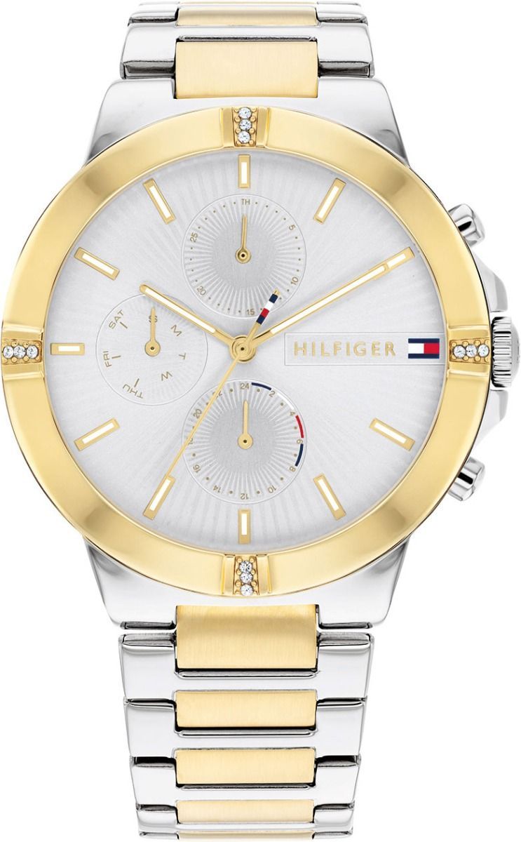 This Tommy Hilfiger Talia Multi Dial Watch for Women is the perfect timepiece to wear or to gift. It's Multicolour 38 mm Round case combined with the comfortable Multicolour Stainless steel watch band will ensure you enjoy this stunning timepiece without any compromise. Operated by a high quality Quartz movement and water resistant to 5 bars, your watch will keep ticking. This watch is suitable for every occasion,whether you are at work, leisure or at the banquet and so on -The watch has a calendar function: Day-Date, 24-hour Display High quality 19 cm length and 19 mm width Multicolour Stainless steel strap with a Fold over with push button clasp Case diameter: 38 mm,case thickness: 8 mm, case colour: Multicolour and dial colour: Silver