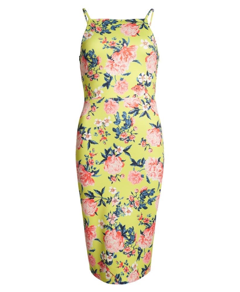 Superdry women's Sultry Scuba Pencil dress. Making the perfect party dress, the Sultry Scuba features an all over floral design with a high neck line, straps and fitted pencil skirt to create a figure- skimming bodycon silhouette. The Sultry Scuba Pencil dress is finished with a small split on the back of the skirt.