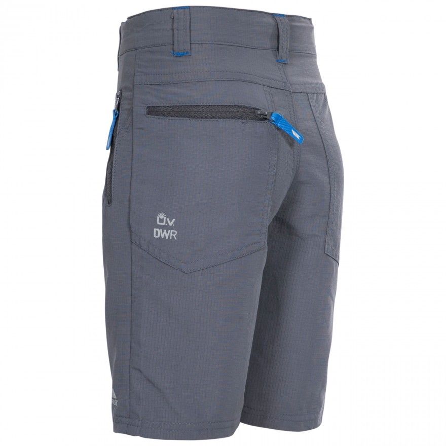 Material: Polyamide Ripstop. Durable casual shorts with UV40+ protection. With inner elasticated waistband and front fly opening. Features 2 front zip pockets. Back has 1 zipped and 1 patch pocket. Sizes: 2-3 years - waist 50.5cm, inside leg 40.5cm, 3-4 years - waist 53cm, inside leg 45.5cm, 5-6 years - waist 56cm, inside leg 50.5cm, 7-8 years - waist 58.5cm, inside leg 57cm, 9-10 years - waist 61cm, inside leg 66cm, 11-12 years - waist 66cm, inside leg 71cm, 13-14 years - waist 71cm, inside leg 73.5cm, 15-16 - waist 73.5cm, inside leg 76cm.