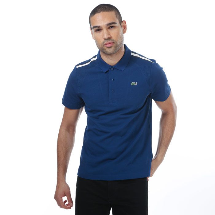 Mens Lacoste Panelled Ultra- Light Polo Shirt in blue.- Ribbed polo collar.- Short sleeves.- Three button placket.- Branded button fastening.- Ultra-light cotton knit.- Mesh panels on shoulders and back.- Embroidered green crocodile on chest.- 100% Cotton. Machine washable.- Ref: YH489000P14