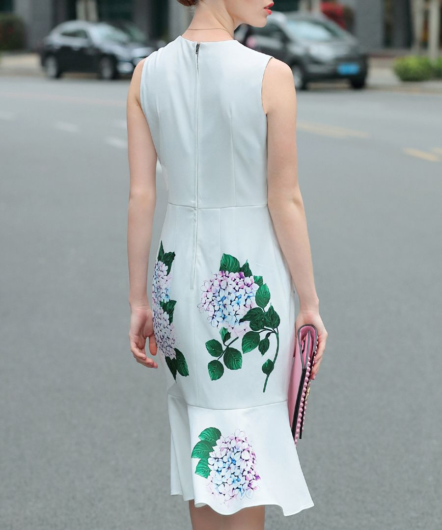 White & green flower print dress