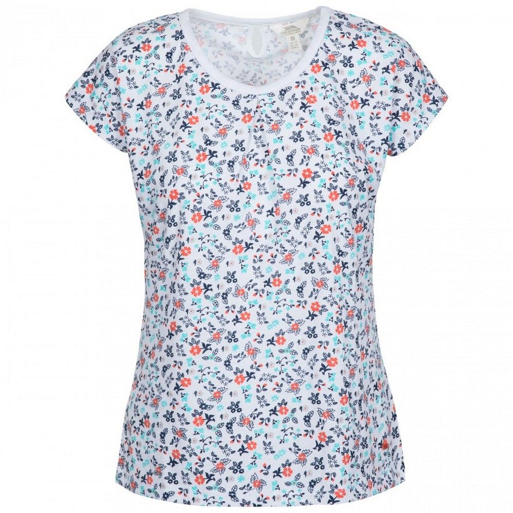 This printed tee has a flattering round neck and all over floral design, making it a spring staple. Keyhole opening detail on back of neck. Material: 60% Polyester, 40% Cotton.