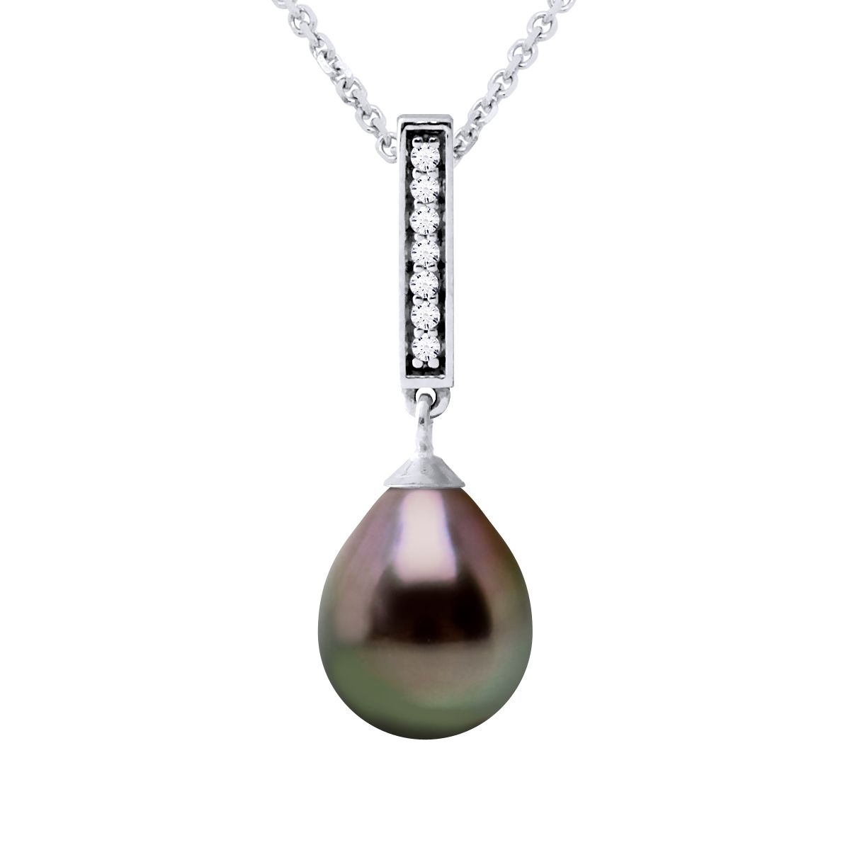 Necklace made with Cultured Tahitian Pearl Pear Shape 8-9 mm , 0,31 in - Stem Adorned of zirconium oxide chain mesh 925 Sterling Silver Rhodium-plated Length 42 cm , 16,5 in - Our jewellery is made in France and will be delivered in a gift box accompanied by a Certificate of Authenticity and International Warranty