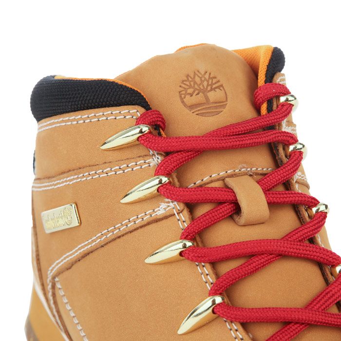 Mens Timberland Euro Sprint Hiker Boots in wheat. – Upper made with premium full-grain Better Leather from a sustainable tannery rated silver for its water  energy and waste management practices. – Lace-up style. – Branding to side and tongue. – Metal lace eyelets. – Comfortable padded collar. – Protective rubber toe bumper. – Upper and lining made with durable ReBOTL™ fabric  50% made from recycled plastic bottles. – EVA midsole for shock absorption and cushioning. – Durable rubber lug outsole for grip. – Leather upper  Textile lining  Synthetic sole. – Ref: CA2GKS