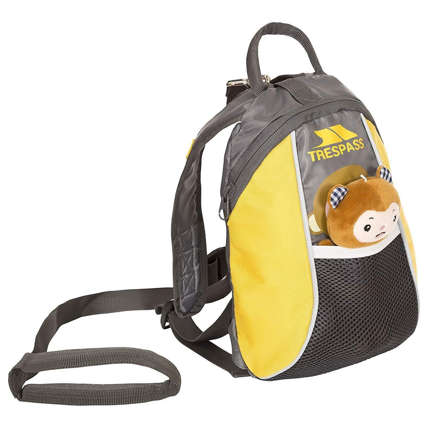 Babies 5 litre backpack. Detachable safety rein. Soft toy included. Mesh front pocket. Top handle. Zipped main compartment. 100% Polyester.