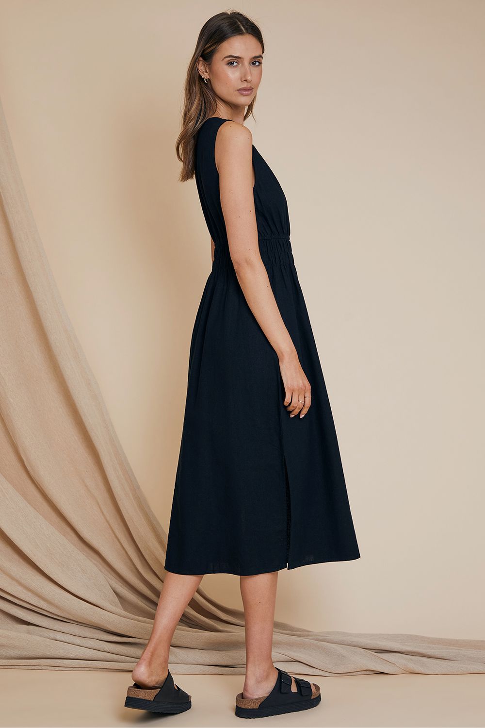 Linen Look 'Peppercorn' Ruched Waist Midi Dress