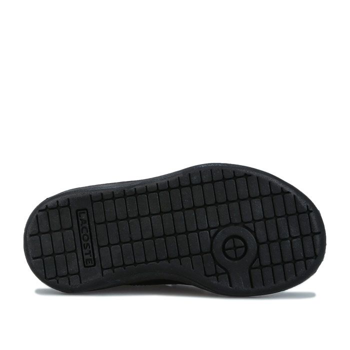 Infant Boys Lacoste Carnaby Evo Trainers in black.-  Hook and loop fastening.- Cushioned Ortholite® insole.- Lightly padded collar.- Striped heel strip.- Branding to heel  side and tongue.- Synthetic Upper  Textile Lining  Synthetic Sole.- Ref: 737SUI001302H