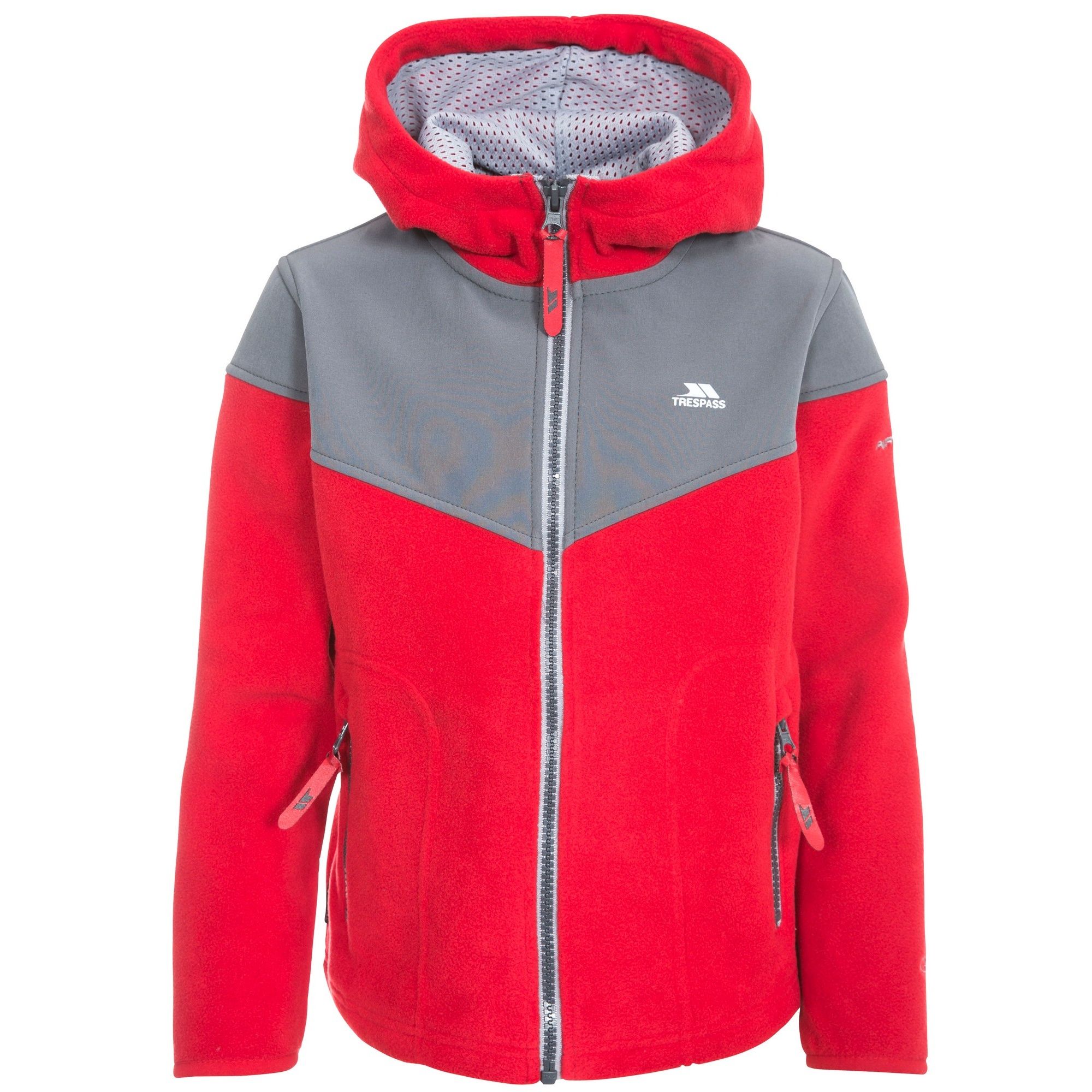 Boys fleece jacket with grown on hood. Contrast softshell panels. 2 x zip pockets. Contrast centre front and pocket zips. Contrast mesh hood lining. Binding at cuffs. Ideal for wearing outside on a cold day. Main: 100% Polyester. Contrast: 95% Polyester, 5% Elastane. Lining: 100% Polyester Mesh.