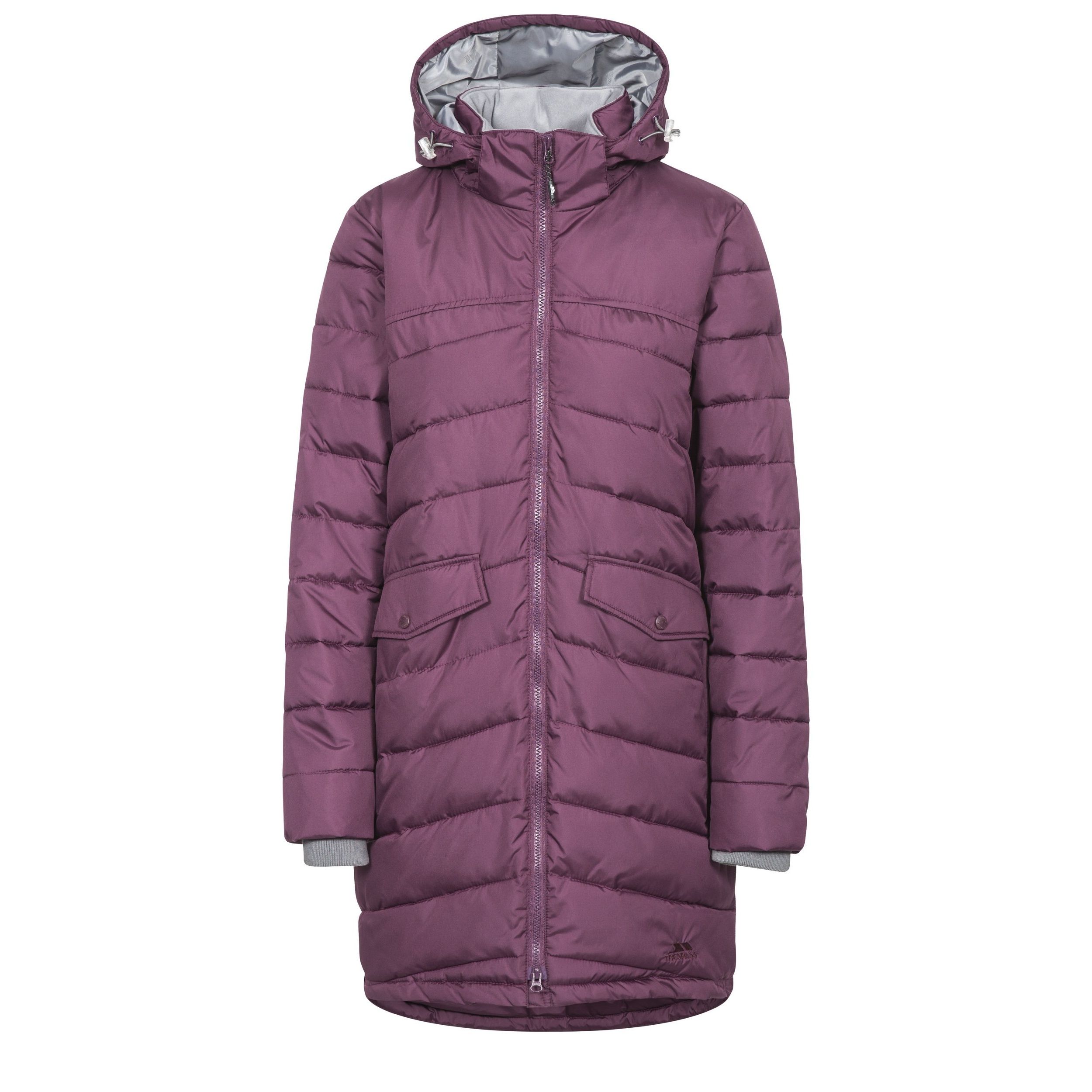 Adjustable zip off hood. Tricot lined collar. Knitted inner cuff. 2 double entry pockets. Tricot lined pocket bags. Shell: 100% Polyester, Lining: 100% Polyester, Filling: 100% Polyester. Trespass Womens Chest Sizing (approx): XS/8 - 32in/81cm, S/10 - 34in/86cm, M/12 - 36in/91.4cm, L/14 - 38in/96.5cm, XL/16 - 40in/101.5cm, XXL/18 - 42in/106.5cm.