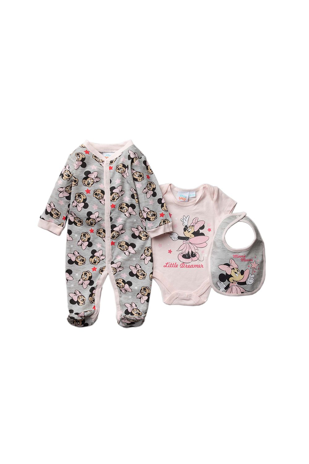 This adorable Disney Baby, Fairy Minnie Mouse three-piece set features a neutral grey and baby pink colour scheme, with a Fairy Minnie Mouse print. The set includes a button-up, footed sleepsuit with Minnie Mouse cartoon print and baby pink lining, a bodysuit with the lettering ‘little dreamer’, and a matching bib. Each item in the set is cotton with popper fastenings, keeping your little one comfortable. This sweet three-piece set is the perfect gift for the little one in your life.