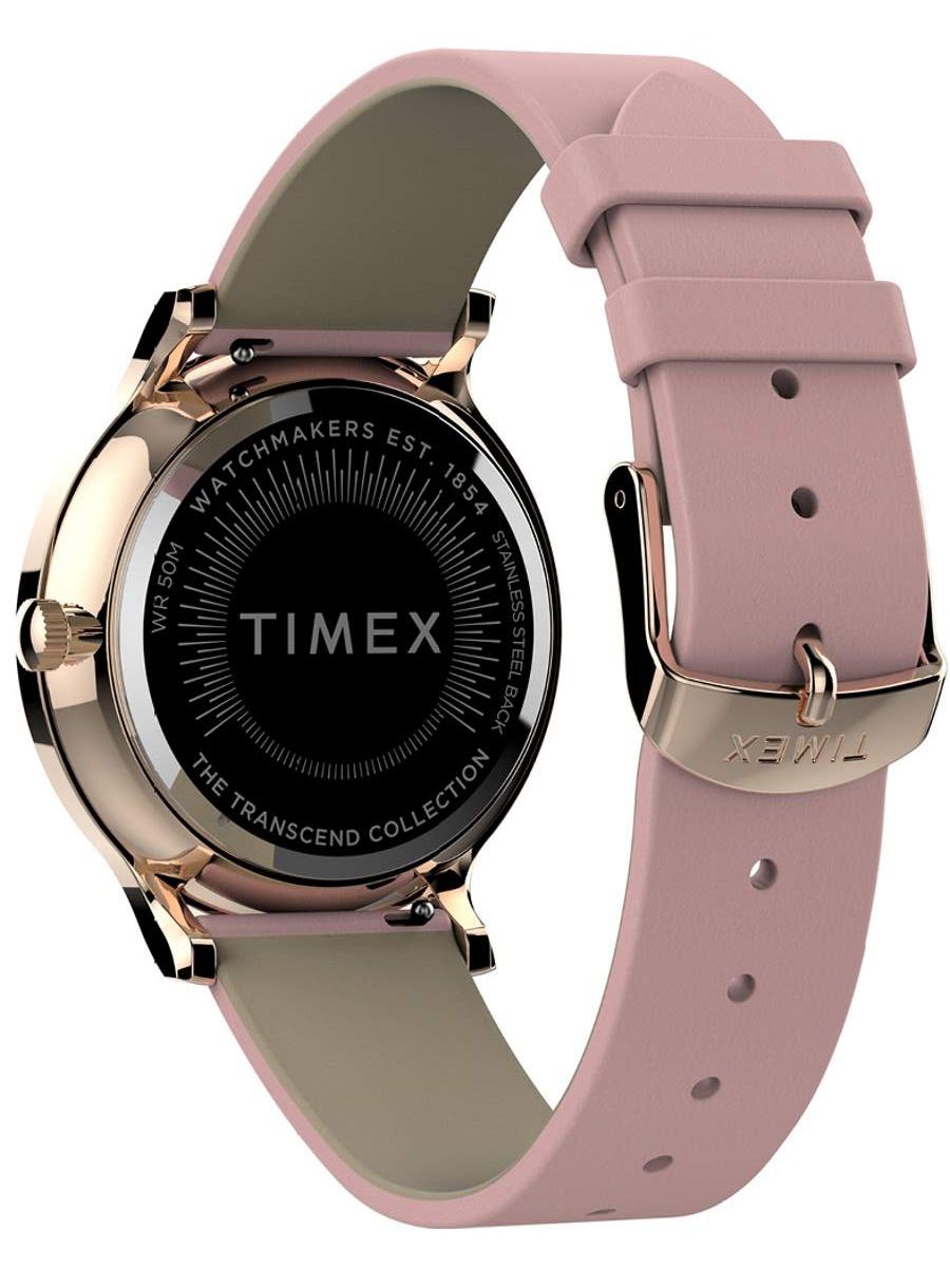 This Timex Transcend Multi Dial Watch for Women is the perfect timepiece to wear or to gift. It's Gold 38 mm Round case combined with the comfortable Pink Leather watch band will ensure you enjoy this stunning timepiece without any compromise. Operated by a high quality Quartz movement and water resistant to 5 bars, your watch will keep ticking. This watch is great with both casual and dressy wear, this watch will always attract attention to your wrist! -The watch has a calendar function: Day-Date, Luminous Hands, 24-hour Display High quality 19 cm length and 17 mm width Pink Leather strap with a Buckle Case diameter: 38 mm,case thickness: 9 mm, case colour: Gold and dial colour: Silver