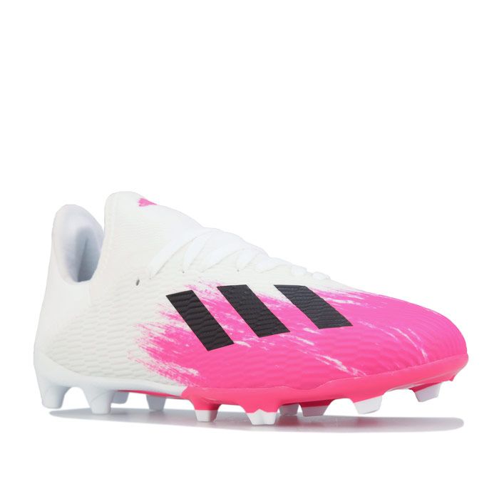 Children Boys adidas X 19.3 FG Football Boots in White Pink. – Super-thin Speedmesh upper. – Lace closure. – Firm ground football boots. – Low-cut Clawcollar. – adidas branding. – Regular fit. – Ultralight Speedframe outsole. – Synthetic upper – Textile lining – Synthetic sole. – Ref: EG7150C