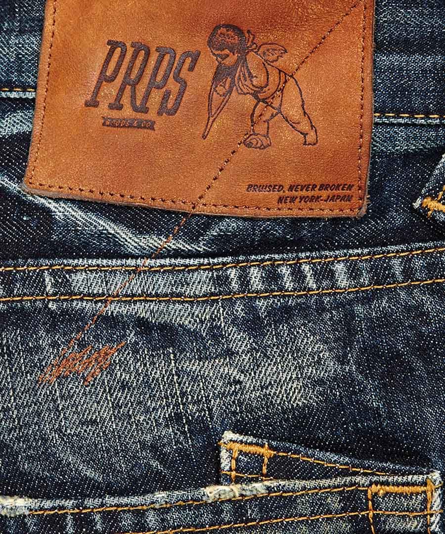 PRPS Goods and Co. Barracuda  Jeans. Distressed and Faded. 3D Creasing Effect. Button Fly. PRPS Goods & Co. Collection. Made with Finest Japanese Textile