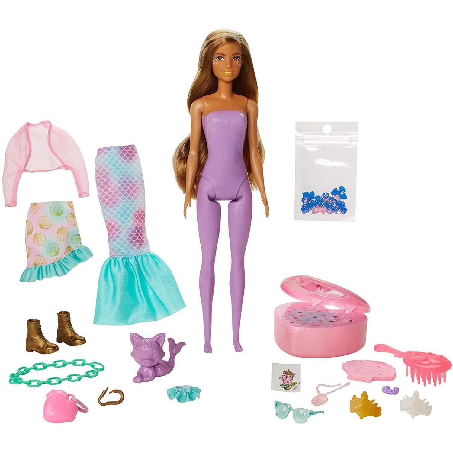 Barbie Colour Reveal dolls deliver the ultimate unboxing experience -- this set features 25 surprises, including 4 repeat color-change features, a 'mer-pet,' two fantasy fashion mermaid outfits, glitter and slime in a heart-shaped compact, a Barbie doll, a child-sized charm bracelet with two charms and a sticker! Play out fantasy fashion transformations over and over again. The packaging is part of the fun, too -- remove the 16 mystery bags through the peel-able front panels. One of the surprise bags contains a mystery Colour Reveal doll partially covered in the purple peelable coating. Kids peel to reveal the doll, then open the surprise bags to discover clothes and accessories for two complete mermaid-inspired looks! And the surprises continue peel to reveal the 'mer-pet,' too! Dip the seashell-shaped sponge in ice-cold water to activate the color-change features -- like on the doll's face, bodice and hair! Color change on the pet's face adds to the surprise fun! With the use of warm and ice-cold water, kids can repeat the wow color-change moments over and over again! With so many surprises and pieces, kids will have so many stories to tell. Which doll will you reveal? Kids can collect them to mix and match accessories and expand the storytelling possibilities! Each is sold separately, subject to availability. Doll cannot stand alone. Colors and decorations may vary.