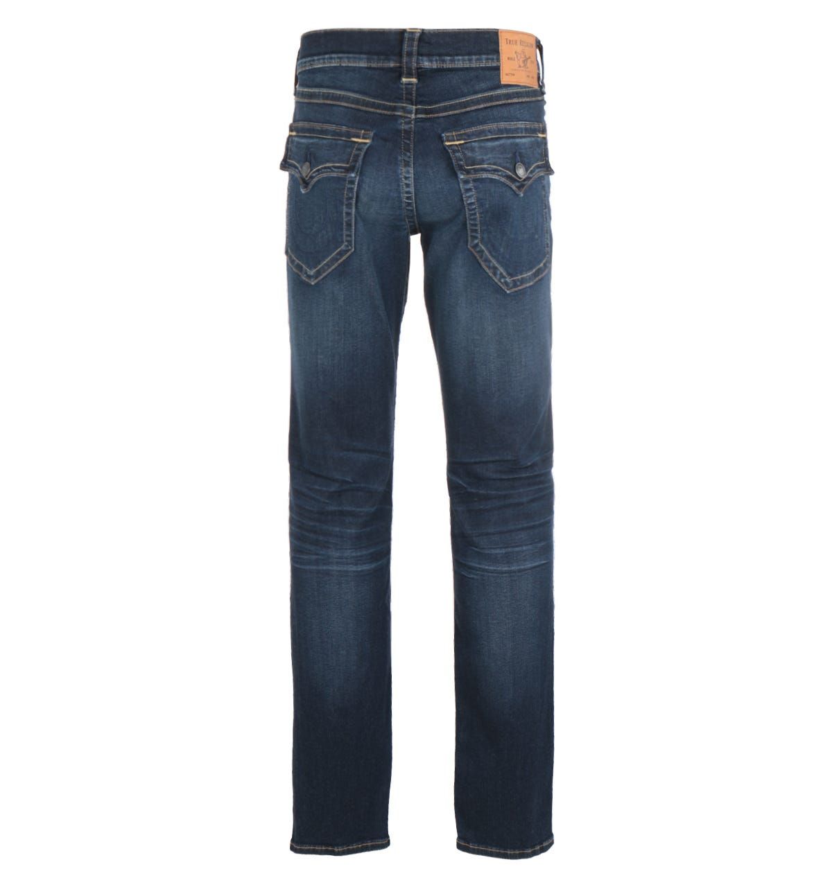 <p>Upgrade your wardrobe with the Ricky Straight Flap Jeans in Dark Fusion Blue by True Religion\nTrue Religion are global denim experts who have redesigned and reinvented the traditional 5 pocket jean. They were founded in L.A. back in 2002 and quickly became known for quality craftsmanship, bold design and the iconic lucky horseshoe logo.</p><ul><li>Cotton blend construction</li><li>Subtle fading and 3D whiskering</li><li>Two-tone gold and tonal stitching</li><li>Antiqued hardware</li><li>Tonal horseshoe detailing along the back flap pockets</li><li>Five-pocket design</li></ul><p>Style & Fit:</p><ul><li>Relaxed straight front rise fit</li></ul><p>Fabric Composition & Care:</p><ul><li>88% Cotton 9% Polyester 3% Elastane</li><li>Machine wash</li></ul>