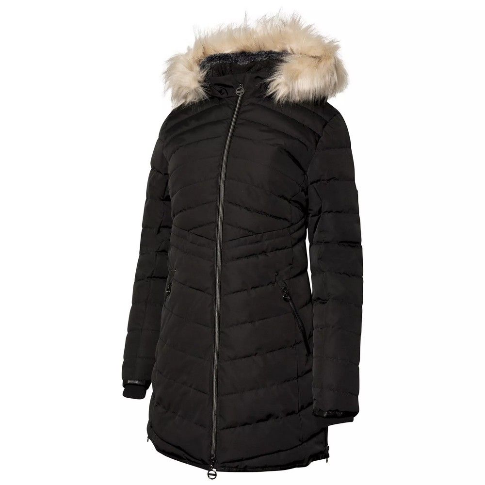 Material: 100% Polyester. Lining: Cire Finish. Design: Quilted. Fabric Technology: Ared 10000, Breathable, DWR Finish, Temperature Control, Waterproof. High Warmth, Inner Zip Guard, Metal Zip Pull. Neckline: Hooded. Cuff: Leatherette Binding. Sleeve-Type: Long-Sleeved. Hood Features: Adjustable, Detachable Faux Fur Trim, Grown On Hood. Length: Longline. Pockets: 2 Lower Pockets, Zip. Fastening: Two Way Zip. Hem: Leatherette Binding, Side Vents, Zip. Sustainability: Made from Recycled Materials.