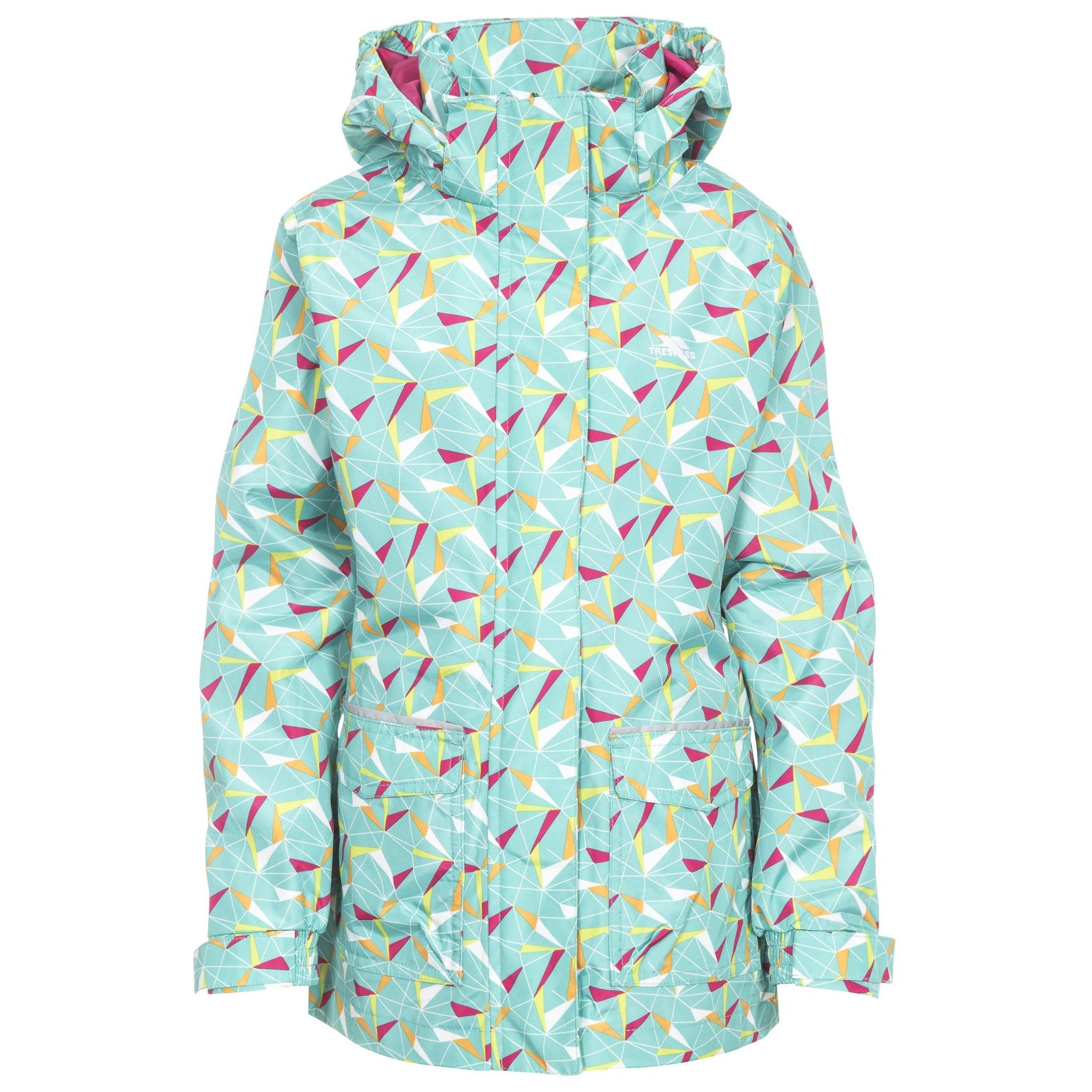 Printed jacket with 2 patch pockets. Reflective trim on pockets. Adjustable cuffs. Concealed hood, folds into collar. Waterproof 3000mm, windproof, taped seams. Shell: 100% polyester, PVC coated. Lining: 100% polyester. Trespass Childrens Chest Sizing (approx): 2/3 Years - 21in/53cm, 3/4 Years - 22in/56cm, 5/6 Years - 24in/61cm, 7/8 Years - 26in/66cm, 9/10 Years - 28in/71cm, 11/12 Years - 31in/79cm.