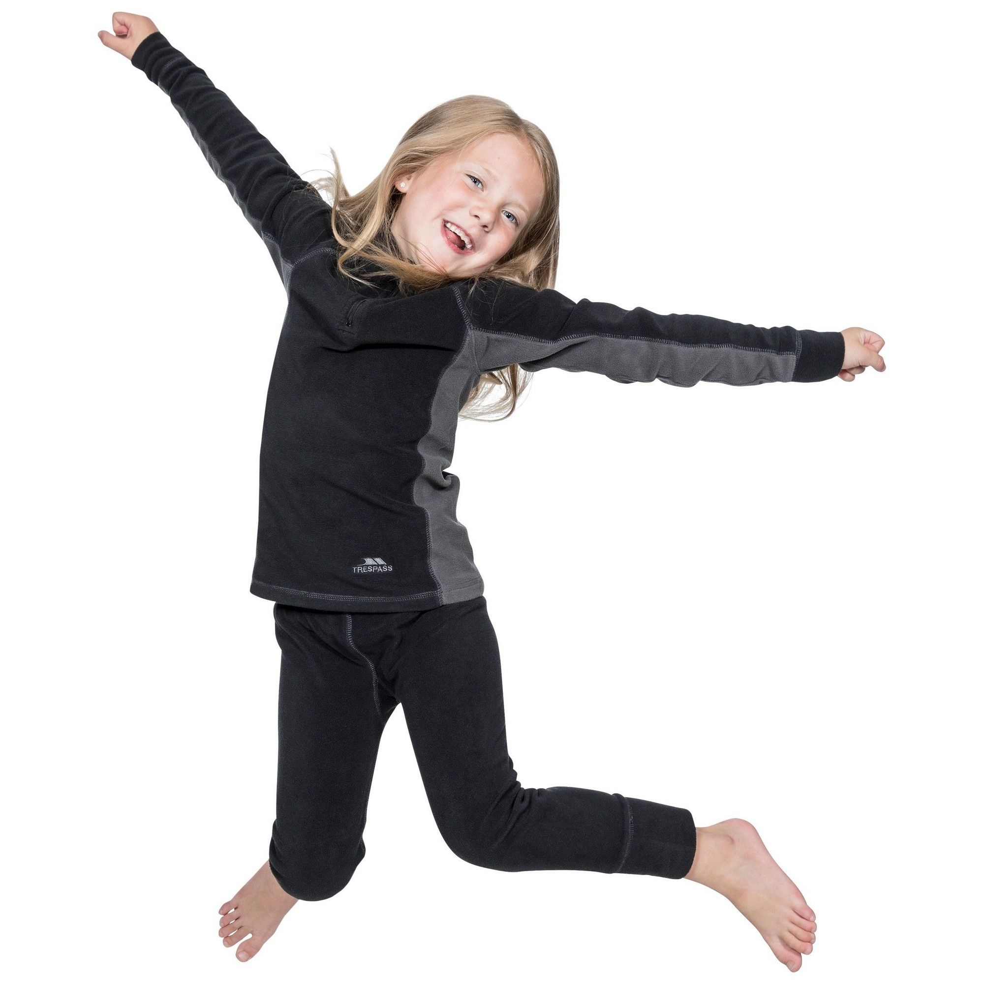 Childrens thermal top and bottom base layers made from fleece material. Lightweight and slim fitting. Half zip, raglan sleeves and contrast patches on top. Elastic waistband on bottoms for secure fit. Ideal for wearing under regular clothes on a cold day. 100% Polyester.
