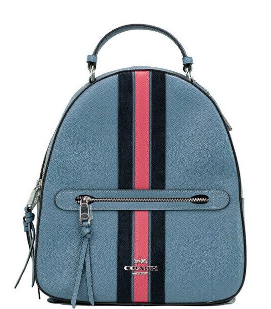 COACH Women's Jordyn Varsity Stripe Indigo Crossgrain Leather Backpack  Bookbag