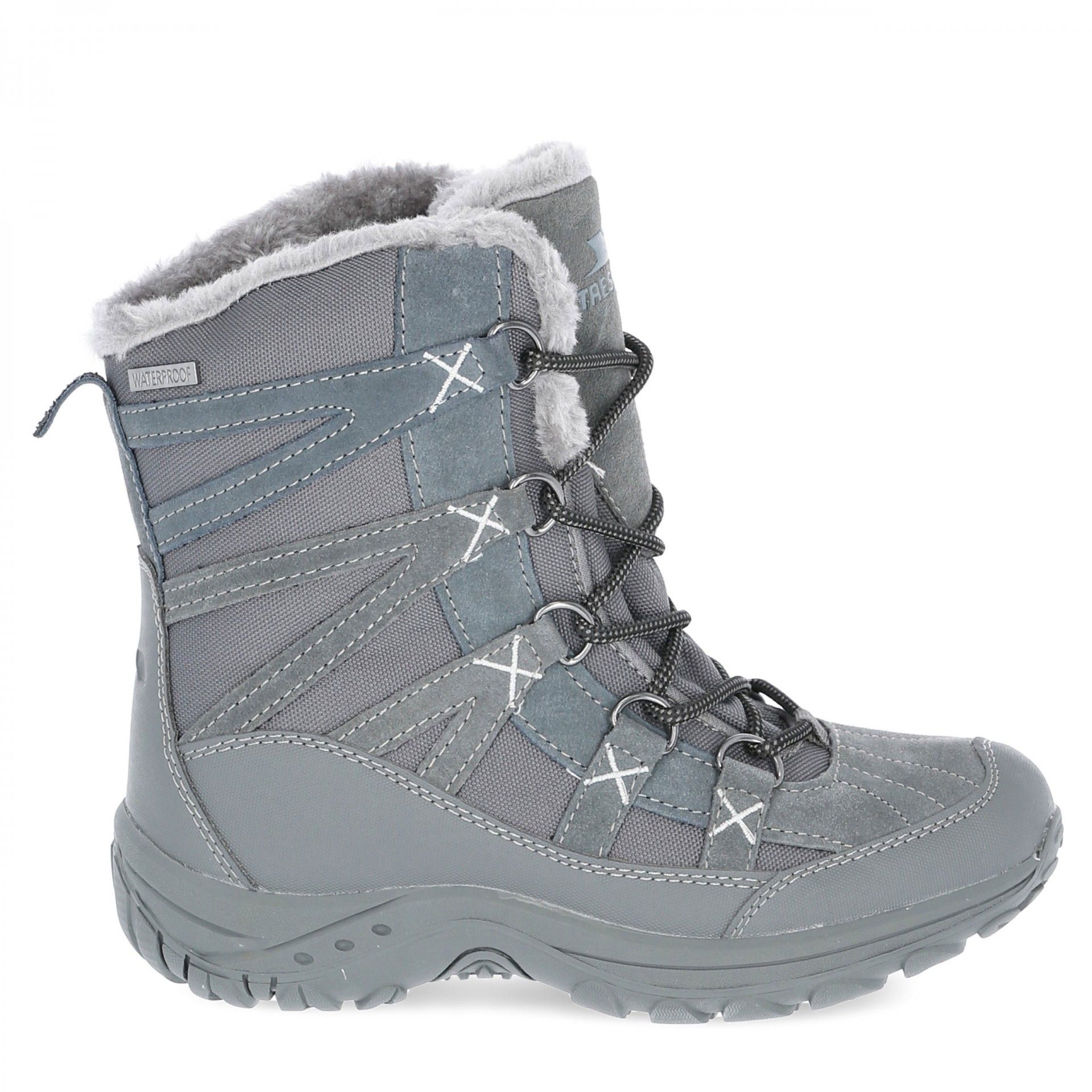 Upper: Textile/Suede/PU, Lining: Faux fur/Fleece, Outsole: TPR. Winter boot. Waterproof membrane. Insulated and warm lined. Gussetted tongue. Protective foxing. Arch stabilising and supportive shank.