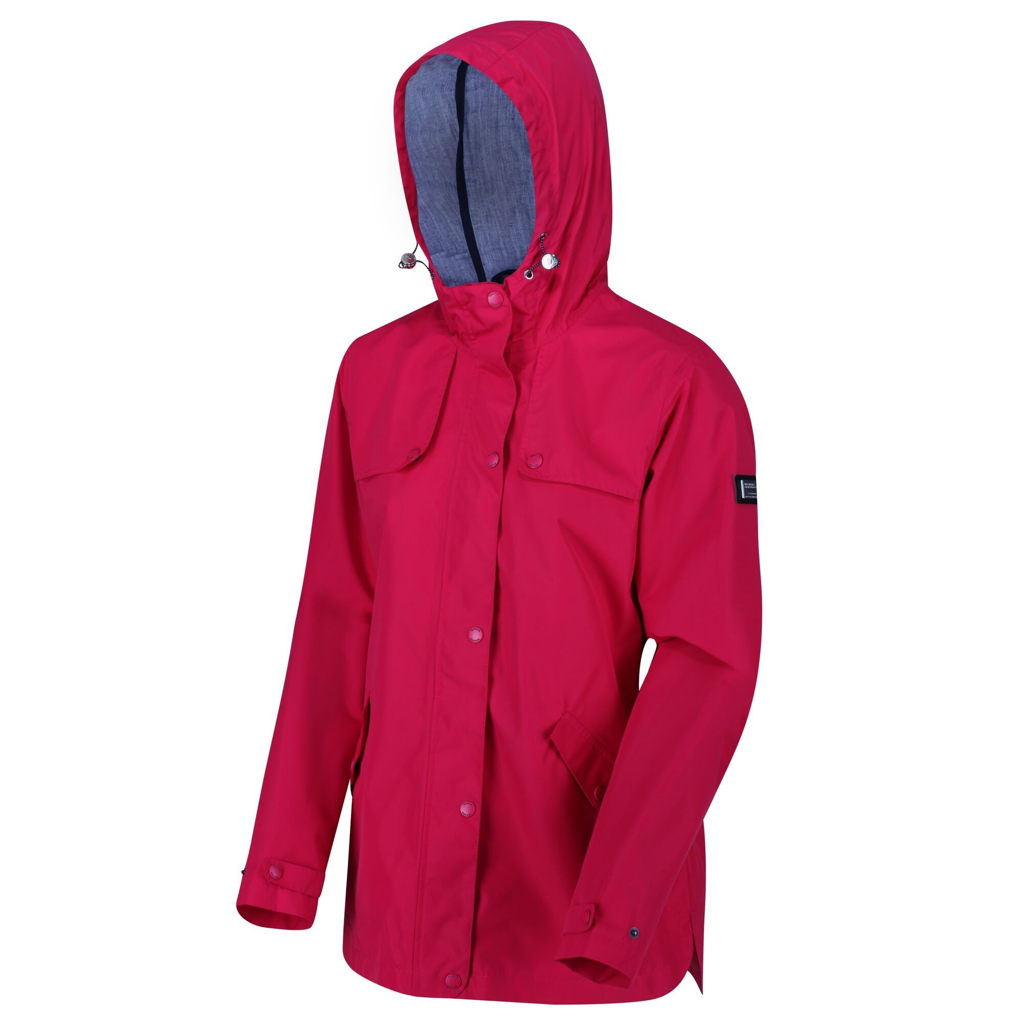Material: 100% polyester. Breathability rating 5,000g/m2/24hrs. Durable water repellent finish. Taped seams. Part cotton chambray, part polyester taffeta lining. Internal security pocket. Grown on hood with adjusters. Adjustable cuffs. 2 lower pockets with flaps and branded snap fastening.