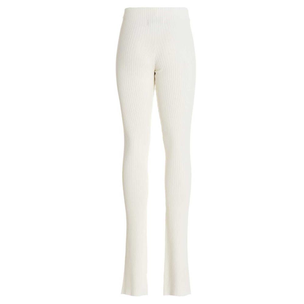 Ribbed viscose blend trousers with high waist, elastic waistband and flared leg.