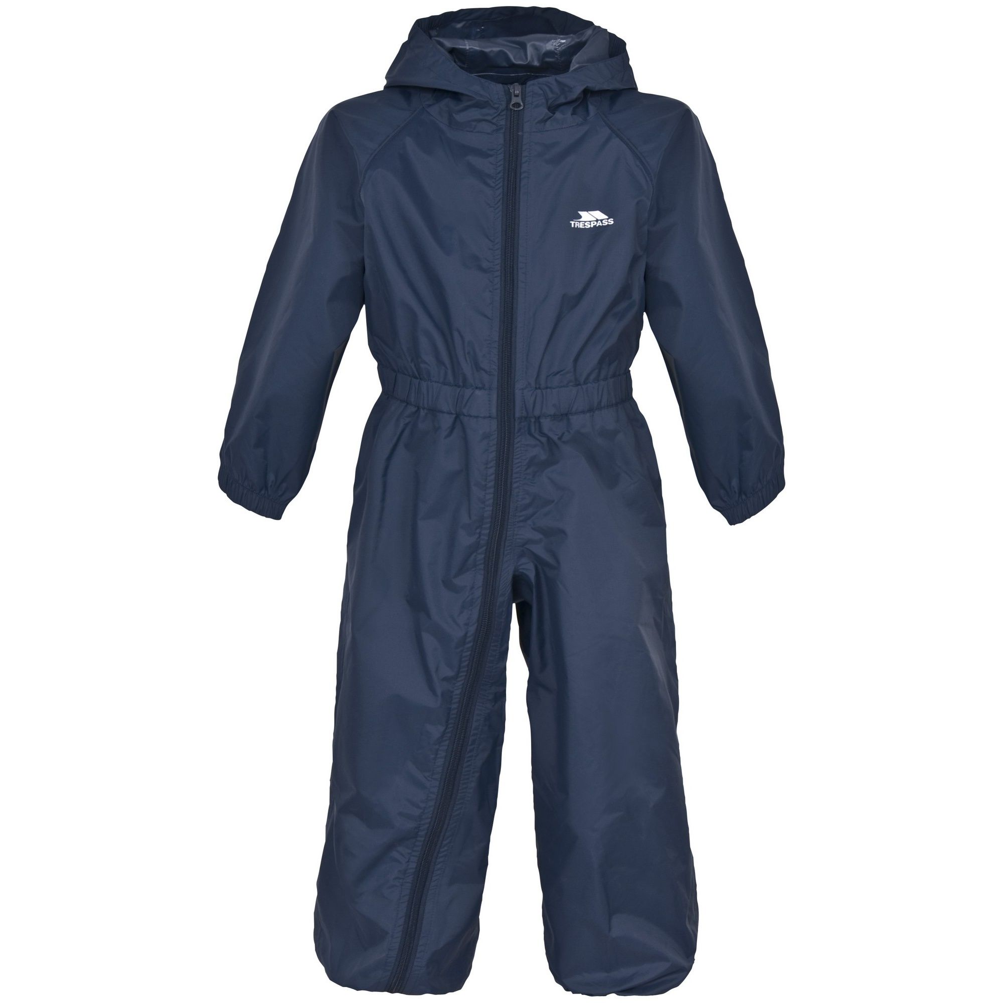 Material: 100% PU coated polyamide PU. Unisex shell kids rain suit. Grown on hood. Full body length front zip. Elasticated side waist. Elasticated cuff and ankles.