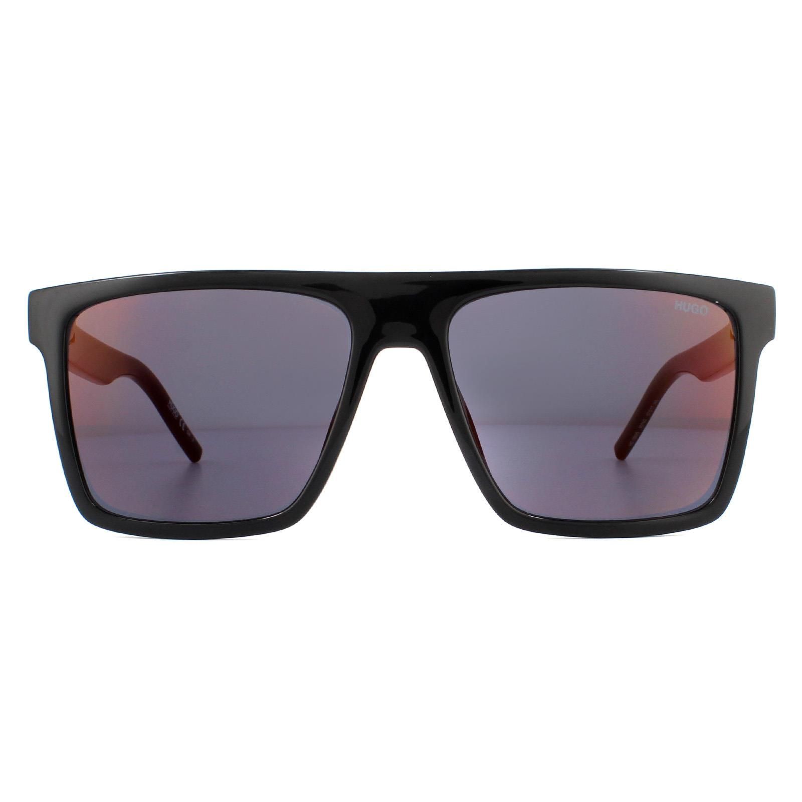 Hugo by Hugo Boss Sunglasses 1069/S 807 AO Black Red are a large square design made from lightweight acetate. The flat frame top creates a contemporary feel and the temples feature the Hugo logo.