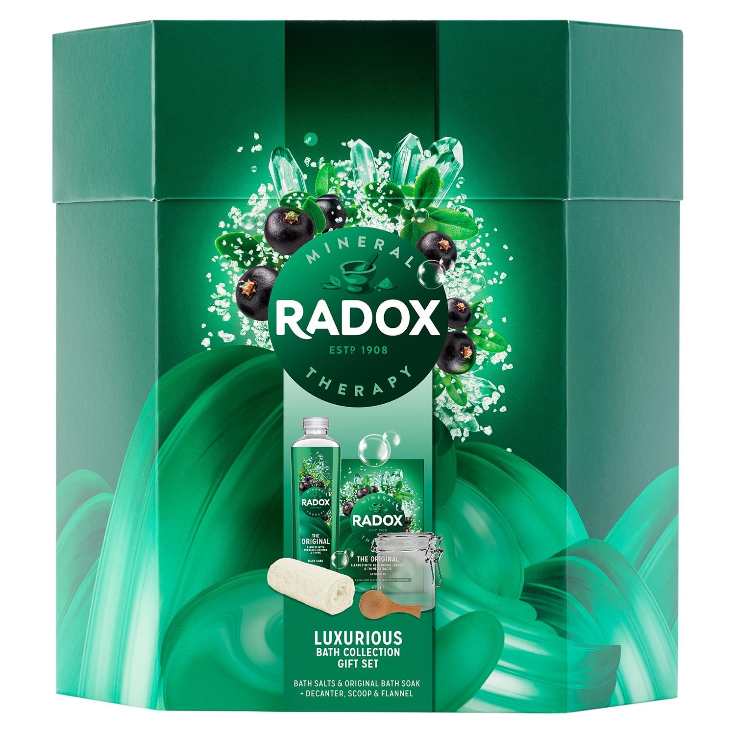 Know someone who loves to cares for their body and looking for the perfect relaxation enriched with minerals and herbs extracts here is the perfect gift introduced by Radox that comes with the complete Radox Luxurious Bath Collection Gift Set. When your body’s trying to tell you something. Time to listen. Time to swap press-ups and lunging for lounging. Don’t float like a butterfly, sink like a stone into a warm juniper and thyme-scented bath for some well-deserved me-time. From troubles to bubbles, close your eyes, relax and recover. 

Enjoy the soothing blend of minerals, juniper, and thyme with Radox The Original Bath Soak. From troubles to bubbles, close your eyes and let the replenishing bath soak cleanse your body, and revive you. Radox Mineral Therapy The Original Bath Salts are crafted with 100% pure sea salt with natural calcium, sodium, and magnesium, the perfect blend to help you unwind in a relaxing bath. 

This is the perfect gift set that introduces your caring nature towards your loved ones as it also comes with a decanter, scoop & flannel so that there are no more things to look for. This Christmas enlightens by presenting this gift set to the one who matters to you the most!

Features:
Radox Mineral Therapy The Original Bath Salts are enriched with calcium, sodium and magnesium and are pH neutral, meaning they are suitable for all skin types.
Inspired by nature’s best ingredients, our premium bath salts are blended with the recharging extracts of juniper & thyme.
Enjoy the soothing blend of minerals, juniper and thyme with Radox The Original Bath Soak

Safety Warnings: Avoid contact with eyes. If eye contact occurs, rinse well with water. If rash or irritation occurs, discontinue use.

Gift Set Includes:

1x Radox The Original Bath Soak 500 ml,
1x Radox The Original Bath Salts 400 g,
1x Decanter,
1x Scoop,
1x Flannel