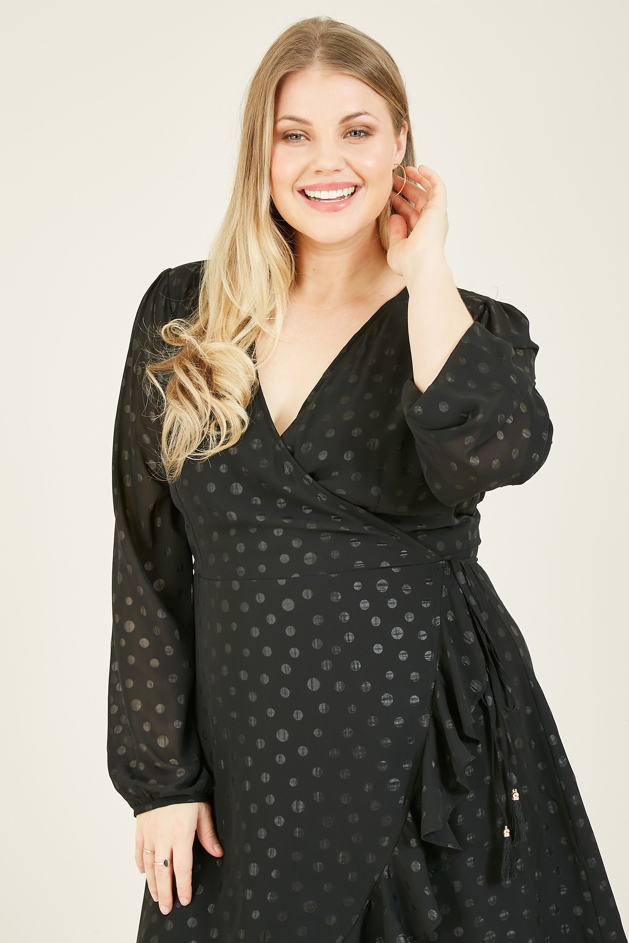 Yumi Curve Black Spot Wrap Frill Dress