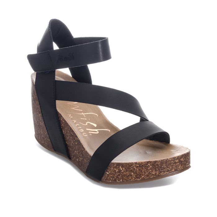 Womens Blowfish Malibu Hydra Wedge Sandals in black.<BR><BR>Faux leather platform wedge sandal.<BR>- Wraparound strap design.<BR>- Hook and loop ankle strap.<BR>- Contoured faux leather footbed.<BR>- Cork-effect wedge heel.<BR>- Embroidered Blowfish Malibu branding at ankle strap.<BR>- Heel height 8cm (3.1in) approximately.<BR>- Platform height 2.5cm (1“) approximately.<BR>- Synthetic upper  lining and sole.<BR>- Ref: BF6490G909<BR><BR>Measurements are intended for guidance only.