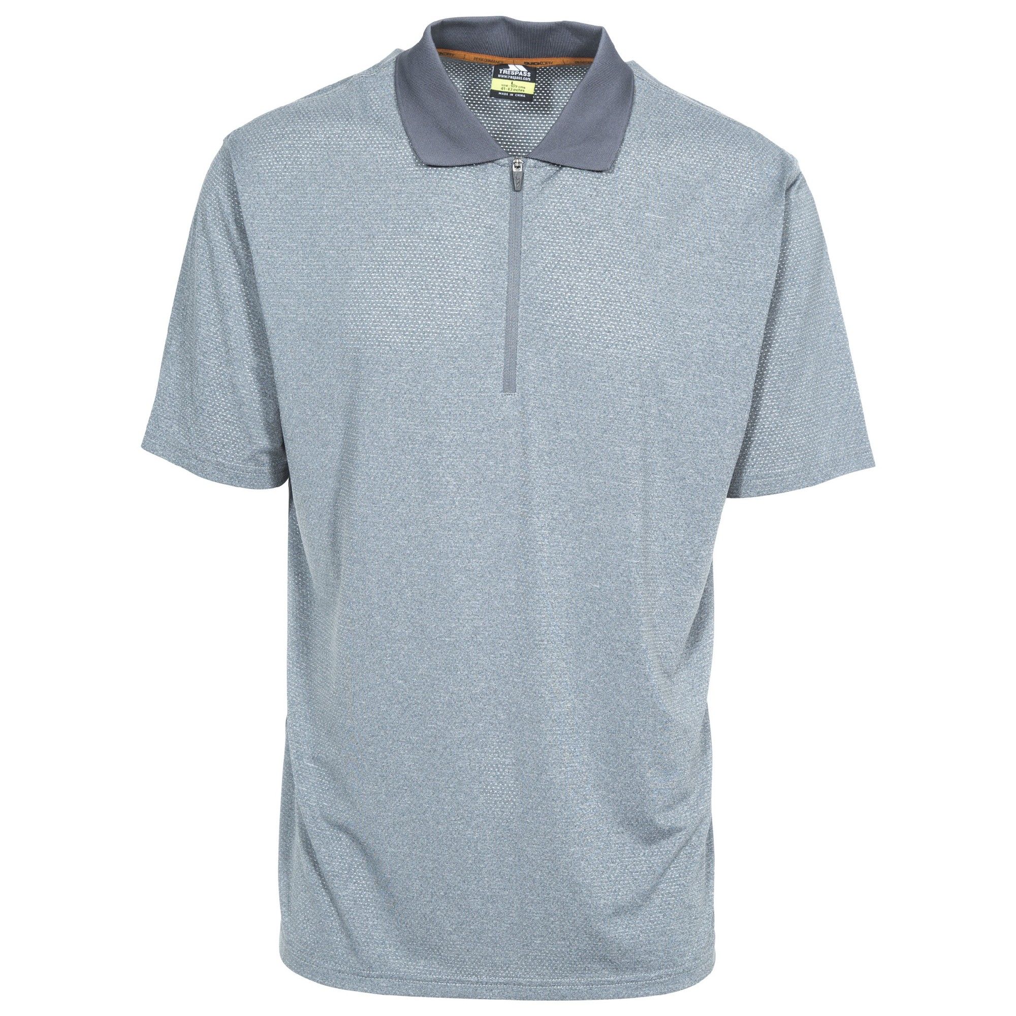 Short sleeves. 1/2 zip neck. Knitted rib collar. Contrast inner neck binding. Quick dry. UV40+. 92% Polyester, 8% Elastane. Trespass Mens Chest Sizing (approx): S - 35-37in/89-94cm, M - 38-40in/96.5-101.5cm, L - 41-43in/104-109cm, XL - 44-46in/111.5-117cm, XXL - 46-48in/117-122cm, 3XL - 48-50in/122-127cm.
