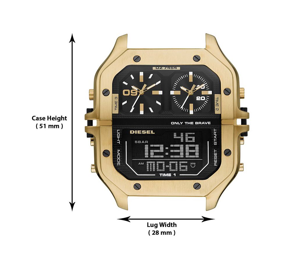 This Diesel Clasher Analogue-Digital Watch for Men is the perfect timepiece to wear or to gift. It's Gold  Square case combined with the comfortable Gold Stainless steel will ensure you enjoy this stunning timepiece without any compromise. Operated by a high quality Quartz movement and water resistant to 3 bars, your watch will keep ticking. This sporty and trendy watch is a perfect gift for New Year, birthday,valentine's day and so on -The watch has a calendar function: Day-Date, Stop Watch, Dual Time, Light High quality 21 cm length and 28 mm width Gold Stainless steel strap with a Fold over with push button clasp Case measurement: 51x51 mm,case thickness: 17 mm, case colour: Gold and dial colour: Black