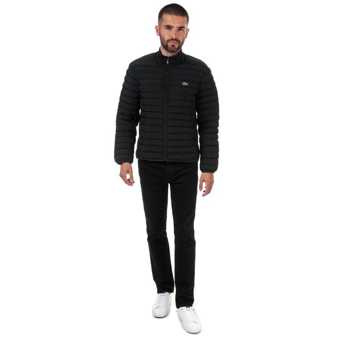 Mens Lacoste Combinable Lightweight Quilted Zip Jacket  Black. <BR><BR>- Lightweight quilted taffeta jacket.<BR>- Conveniently folds into inner pocket. <BR>- Ribbed stand-up collar.<BR>- Contrast lining. <BR>- Zip pockets on sides.<BR>- Two interior pockets  one zip pocket for folding. <BR>- Green crocodile embroidered on chest. <BR>- Measurement from shoulder to hem: 30“approximately. <BR>- 100% Polyamide. Machine washable.<BR>- Ref: BH838900HX7.