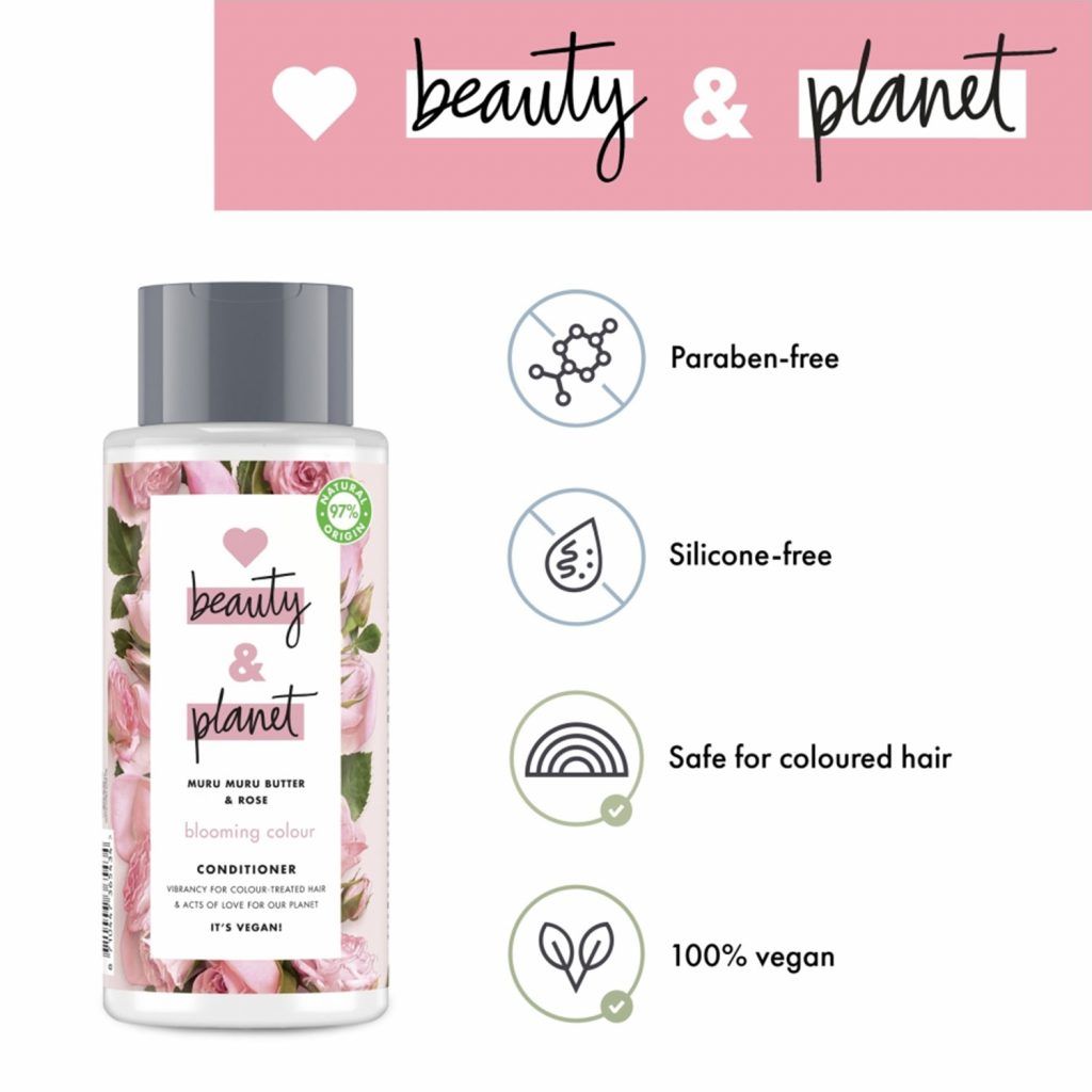 Care for and keep your colour treated hair vibrant with Love Beauty and Planet Blooming Colour Conditioner with Muru Muru Butter & Rose.

This conditioner for colour treated hair is infused with Organic Coconut Oil for nourishment, Muru Muru Butter keeps colour vibrant and handpicked Bulgarian Rose Petals offers freshness.

YES Vegan, YES safe, YES with plant based cleansers, YES Natural Ingredients, YES bottle made from recycled plastics.

Love Beauty and Planet started with one simple goal - whatever they do must be good for beauty and give a little love to the planet. Here’s how…

Powerful & Passionate: Special bottles are made from 100% recycled materials and are filled with fabulous formulas that deliver brilliant care for your hair and body. They’re 100% recyclable too!

Goodies & Goodness: Each collection is infused with organic and sustainable ingredients sourced from around the world and are vegan-friendly too.

Scents & Sensibility: Carefully chosen fragrances are part of ethical-sourcing programs which help support the livelihoods of the local partners who harvest wonderful ingredients.

Carbon Conscious & Caring: Love Beauty and Planet want a carbon footprint so small, it's like they weren't even here. So they tracking the CO2 emissions at every step of production.