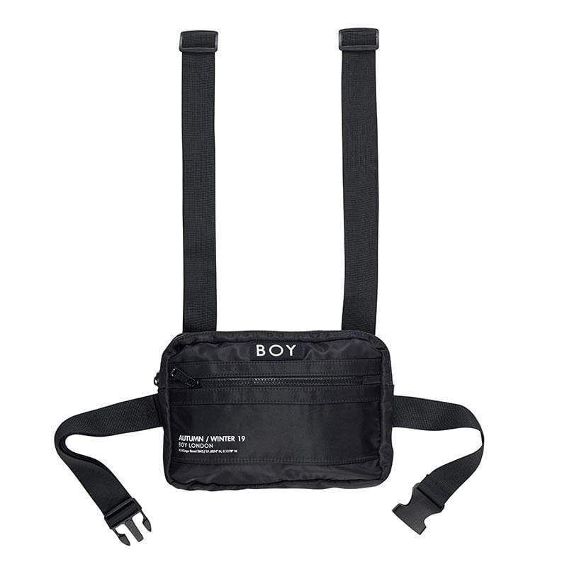 Black padded bag with two pockets and BOY logo patch on front. Heavy duty zips, two adjustable straps and plastic clip fastening