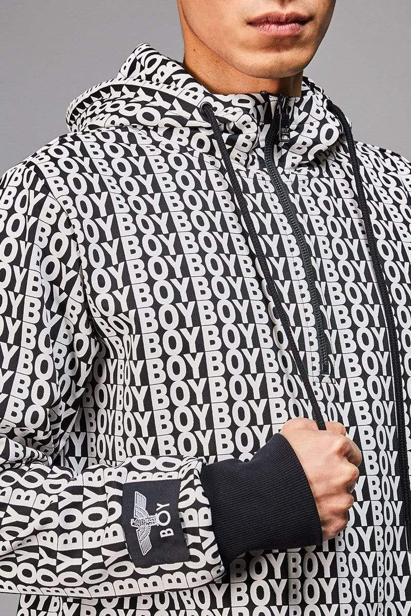 BOY repeated all over print on hood with half zip detailing and BOY Eagle woven patch detail on arm