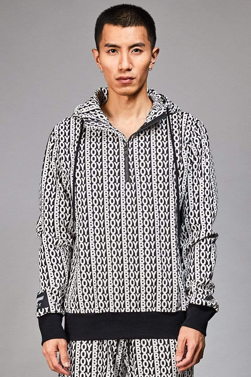 BOY repeated all over print on hood with half zip detailing and BOY Eagle woven patch detail on arm