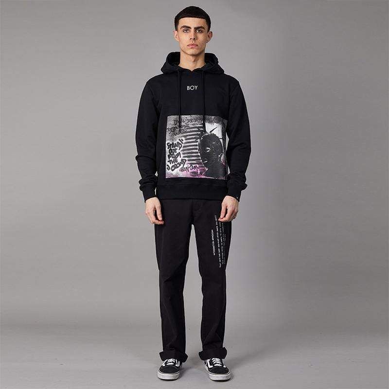 Long sleeve hoodie with BOY logo type printed on chest and BOY London Punk artwork printed below. Black drawstring, ribbed cuffs and hems