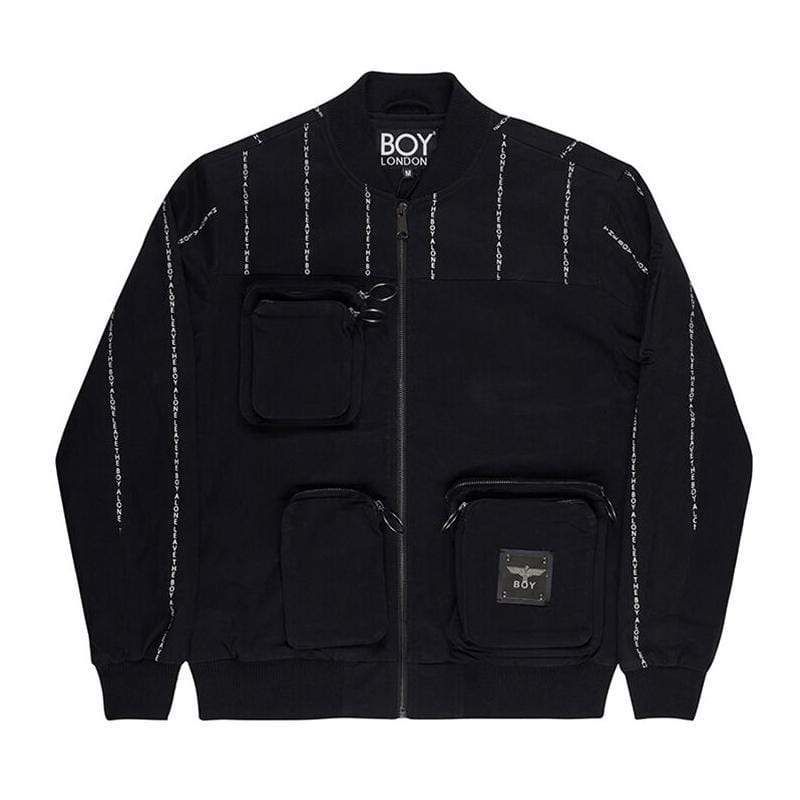 Bomber jacket with BOY Eagle logo badge on front and 'leave the BOY alone' script printed on shoulders and sleeves. Ribbed cuffs and hems, 5 utility style pockets on front and pocket on left sleeve