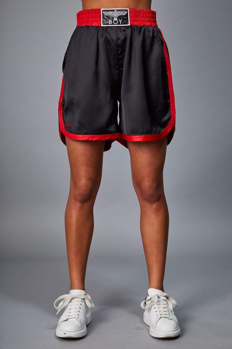 BOY satin shorts in black with red trimming