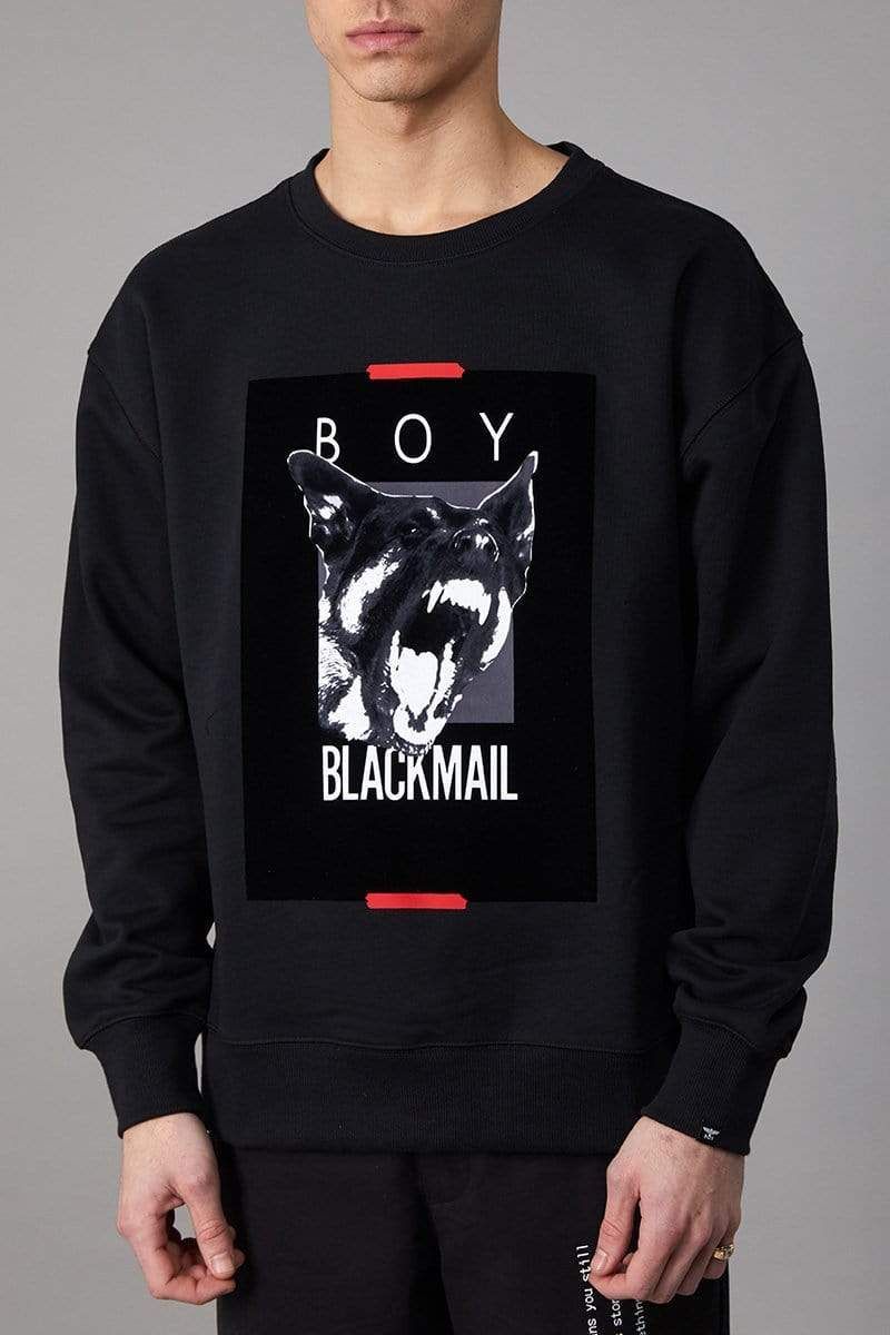 Long sleeve sweatshirt with BOY German Shepherd 'Blackmail' graphic, puff printed on front with tag graphic printed on back shoulder. Regular fit with ribbed cuffs and hems