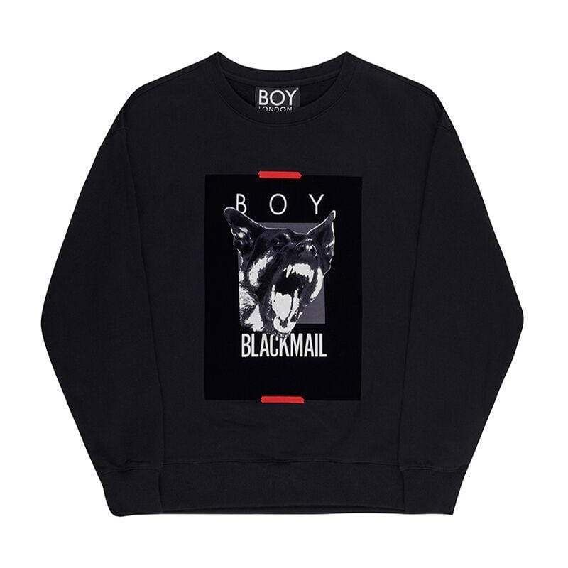 Long sleeve sweatshirt with BOY German Shepherd 'Blackmail' graphic, puff printed on front with tag graphic printed on back shoulder. Regular fit with ribbed cuffs and hems